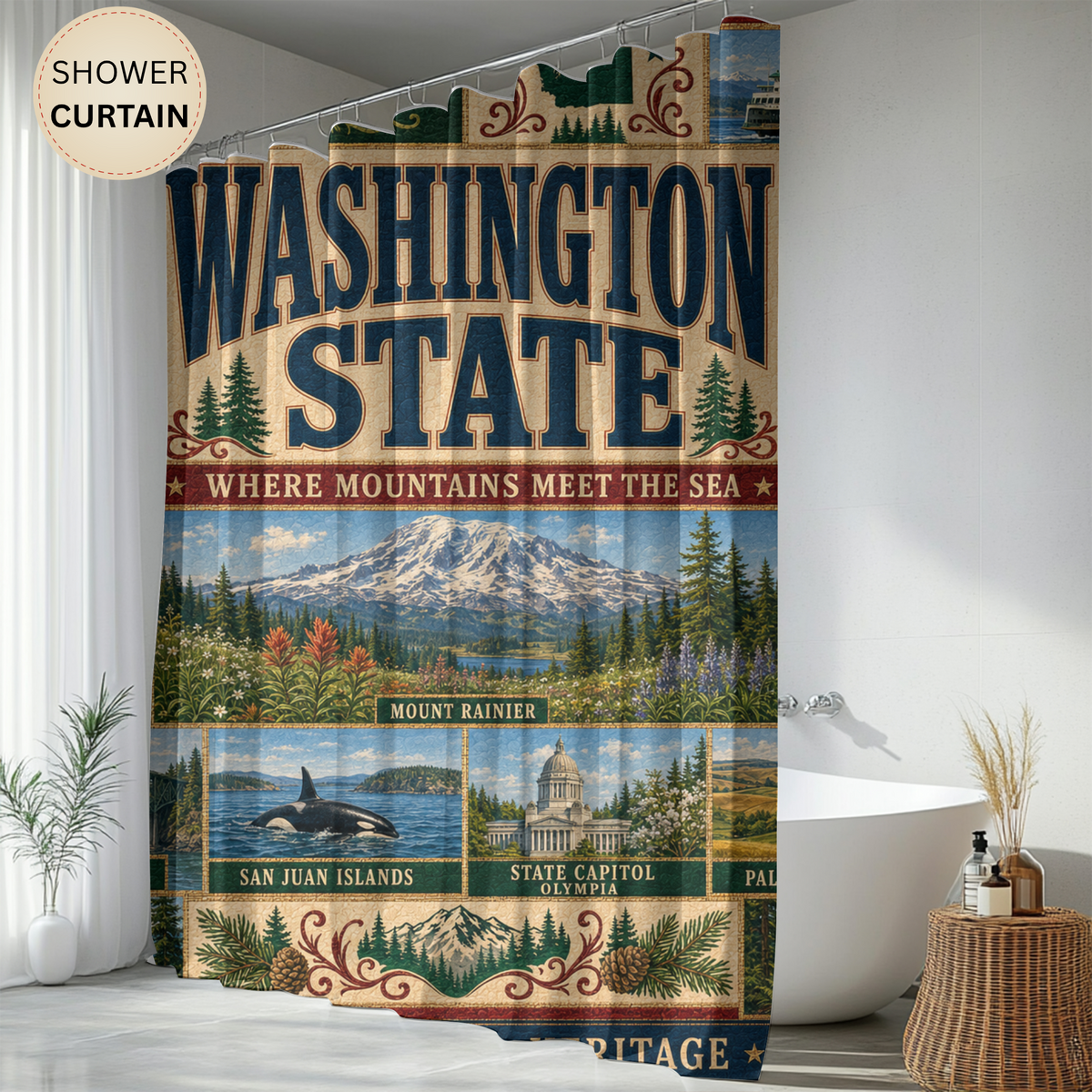 Washington State Shower Curtain Evergreen State Faux Patchwork Pacific Northwest Scenic Landmarks Rustic Bathroom Decor