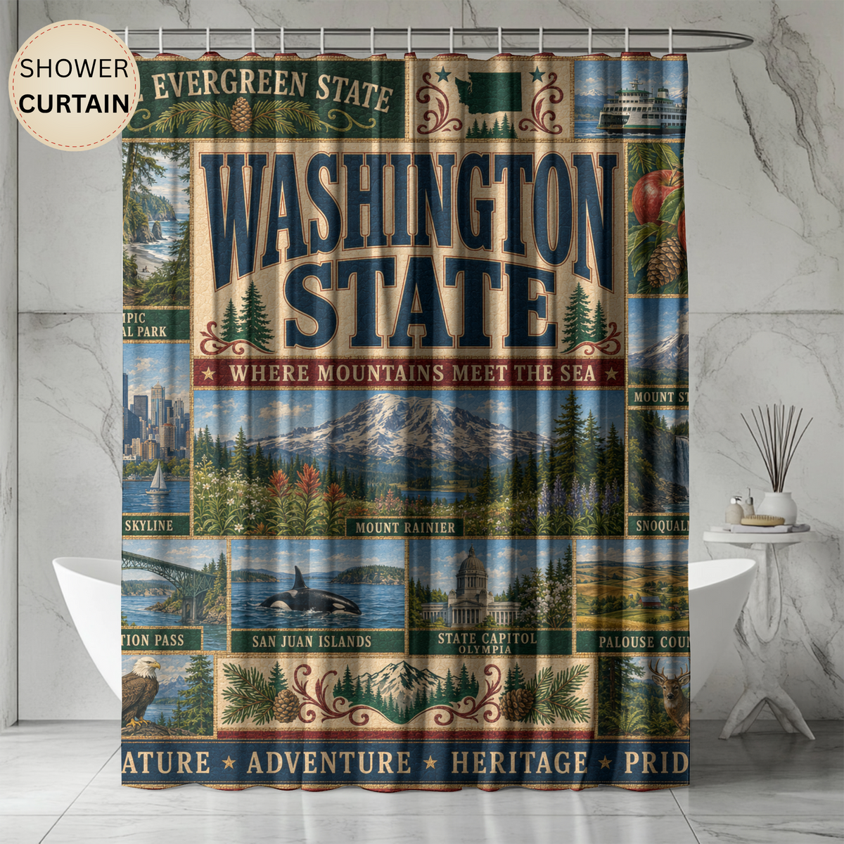 Washington State Shower Curtain Evergreen State Faux Patchwork Pacific Northwest Scenic Landmarks Rustic Bathroom Decor