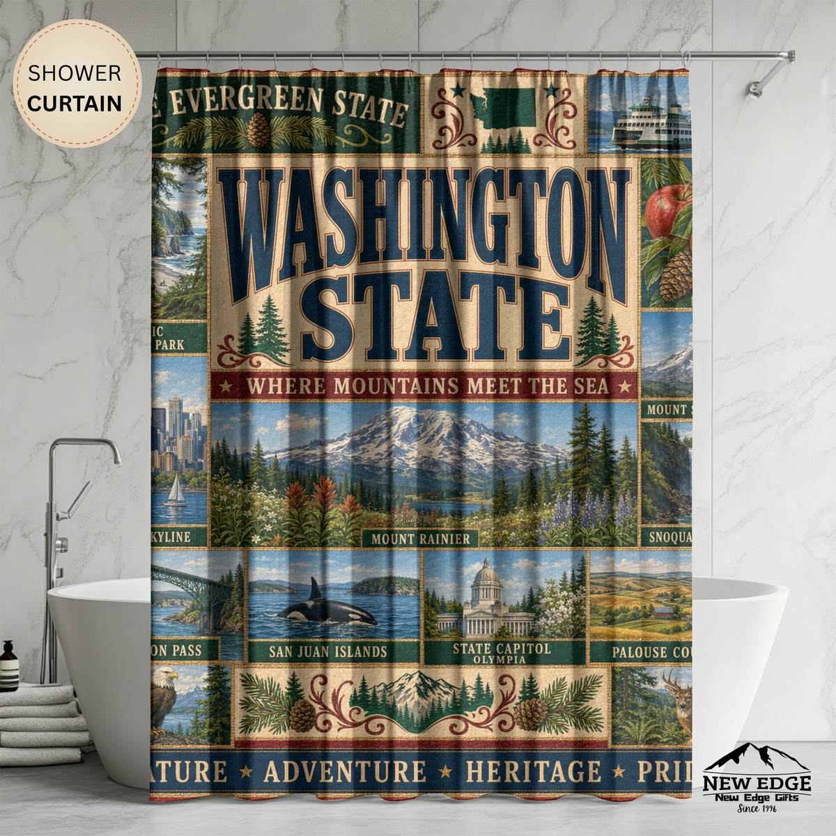 Washington State Shower Curtain Evergreen State Faux Patchwork Pacific Northwest Scenic Landmarks Rustic Bathroom Decor