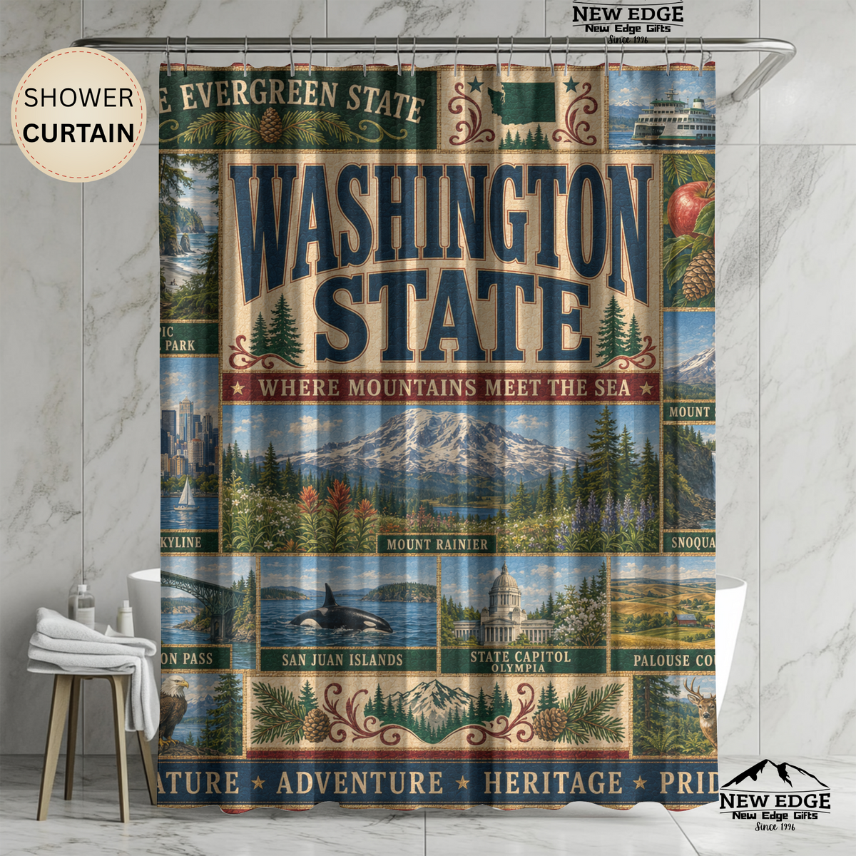 Washington State Shower Curtain Evergreen State Faux Patchwork Pacific Northwest Scenic Landmarks Rustic Bathroom Decor