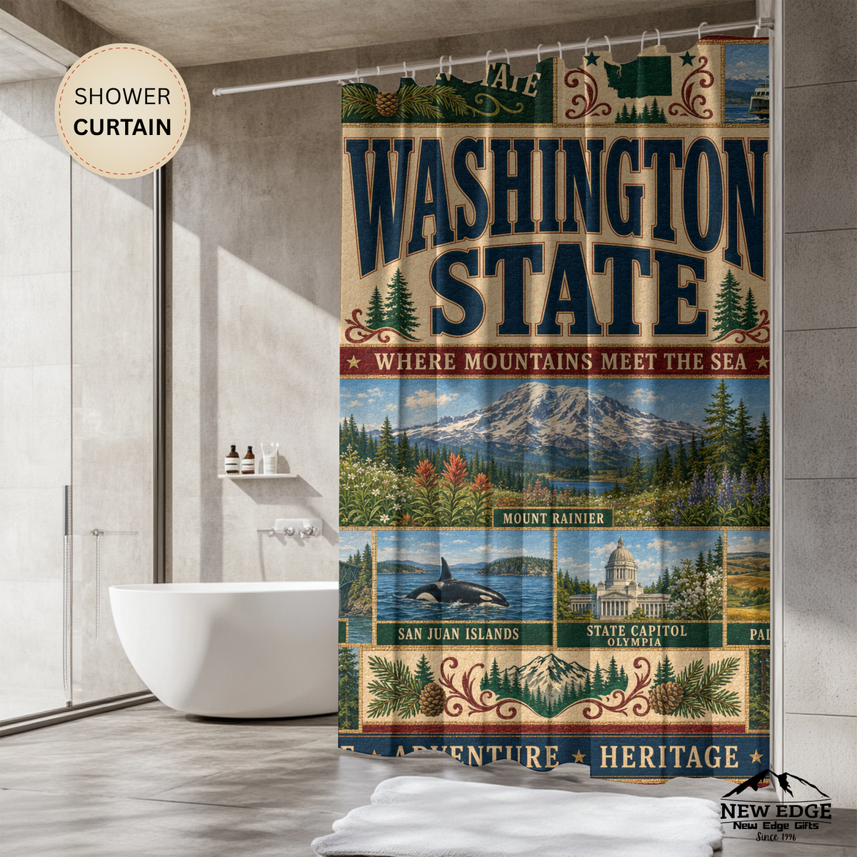Washington State Shower Curtain Evergreen State Faux Patchwork Pacific Northwest Scenic Landmarks Rustic Bathroom Decor