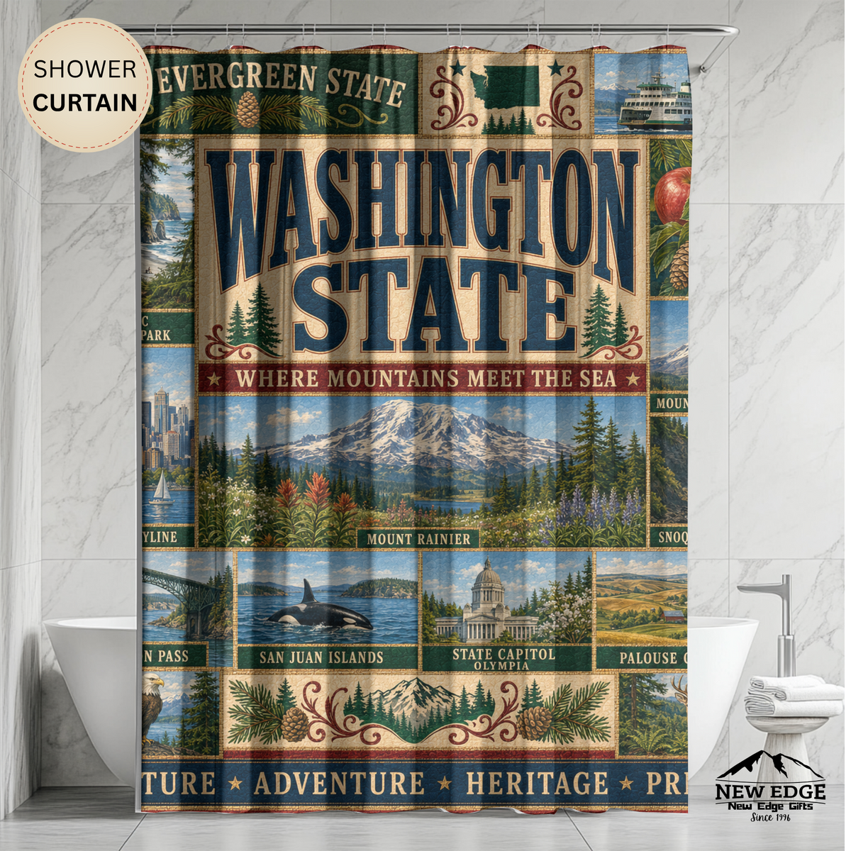 Washington State Shower Curtain Evergreen State Faux Patchwork Pacific Northwest Scenic Landmarks Rustic Bathroom Decor