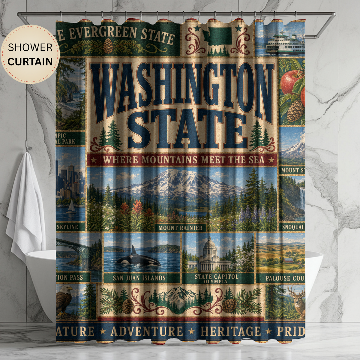 Washington State Shower Curtain Evergreen State Faux Patchwork Pacific Northwest Scenic Landmarks Rustic Bathroom Decor