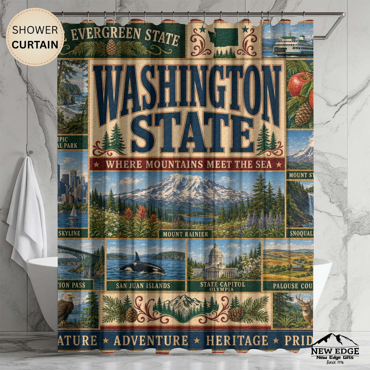 Washington State Shower Curtain Evergreen State Faux Patchwork Pacific Northwest Scenic Landmarks Rustic Bathroom Decor
