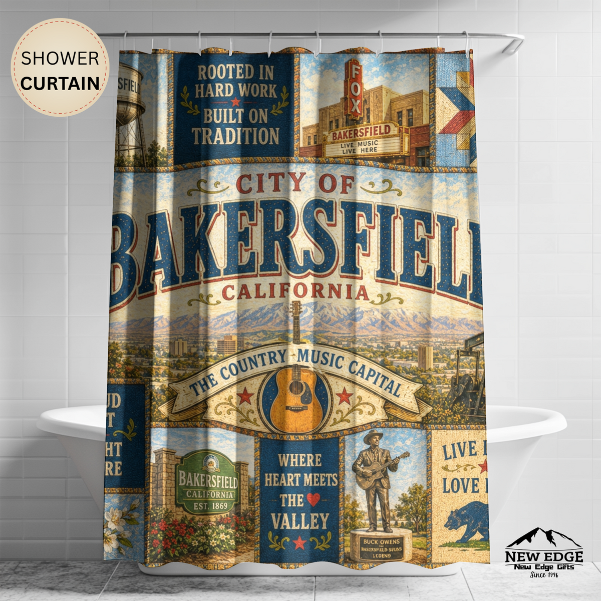 Bakersfield California Shower Curtain Country Music Capital Faux Patchwork Western City Landmark Bathroom Decor
