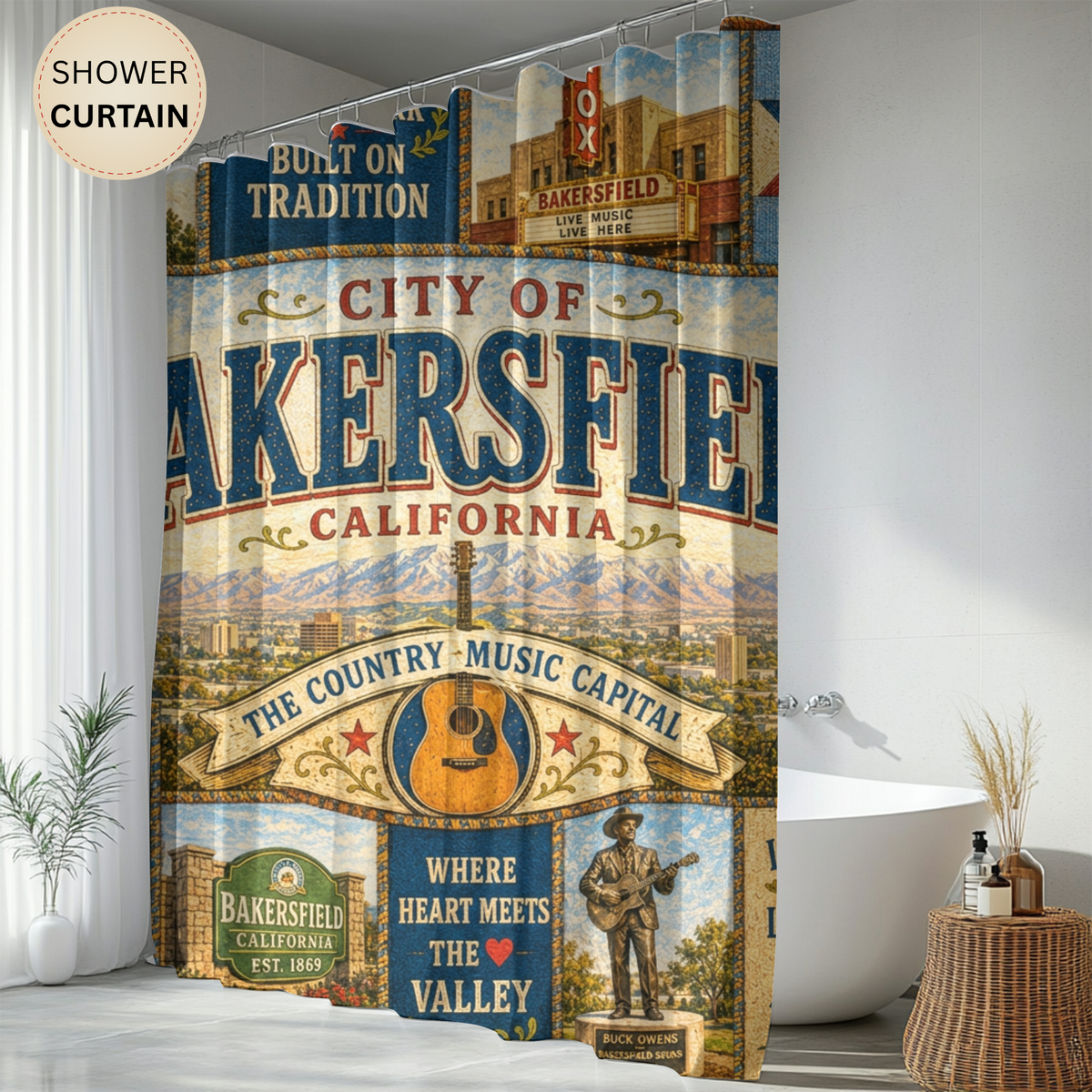 Bakersfield California Shower Curtain Country Music Capital Faux Patchwork Western City Landmark Bathroom Decor
