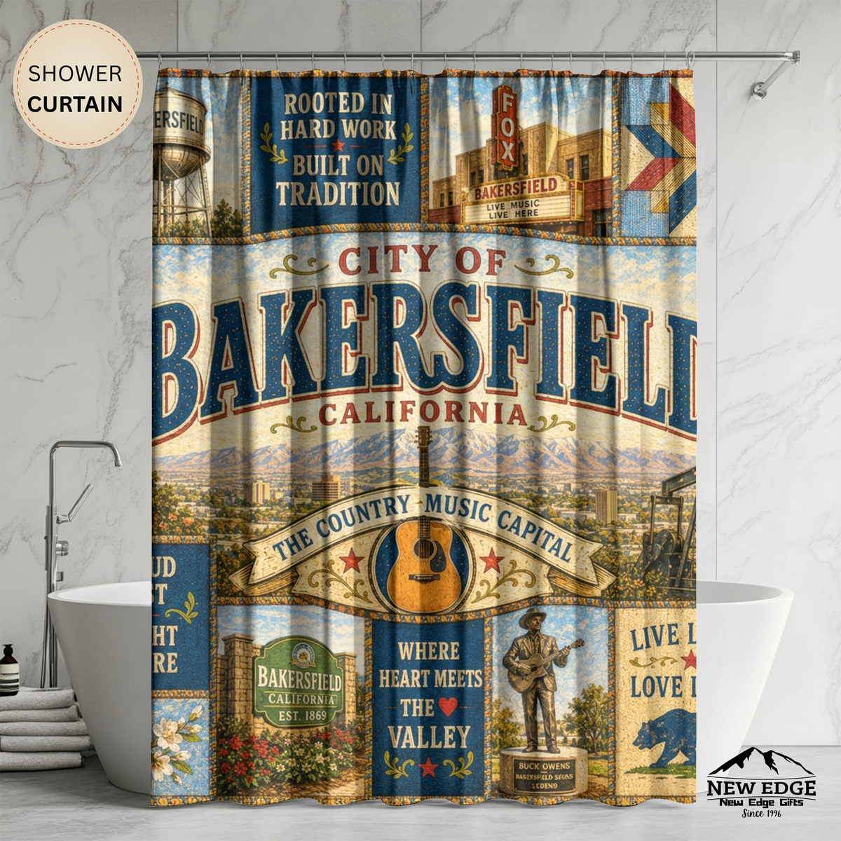 Bakersfield California Shower Curtain Country Music Capital Faux Patchwork Western City Landmark Bathroom Decor
