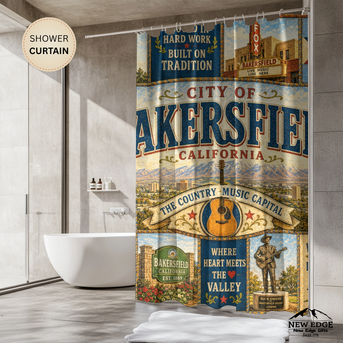 Bakersfield California Shower Curtain Country Music Capital Faux Patchwork Western City Landmark Bathroom Decor