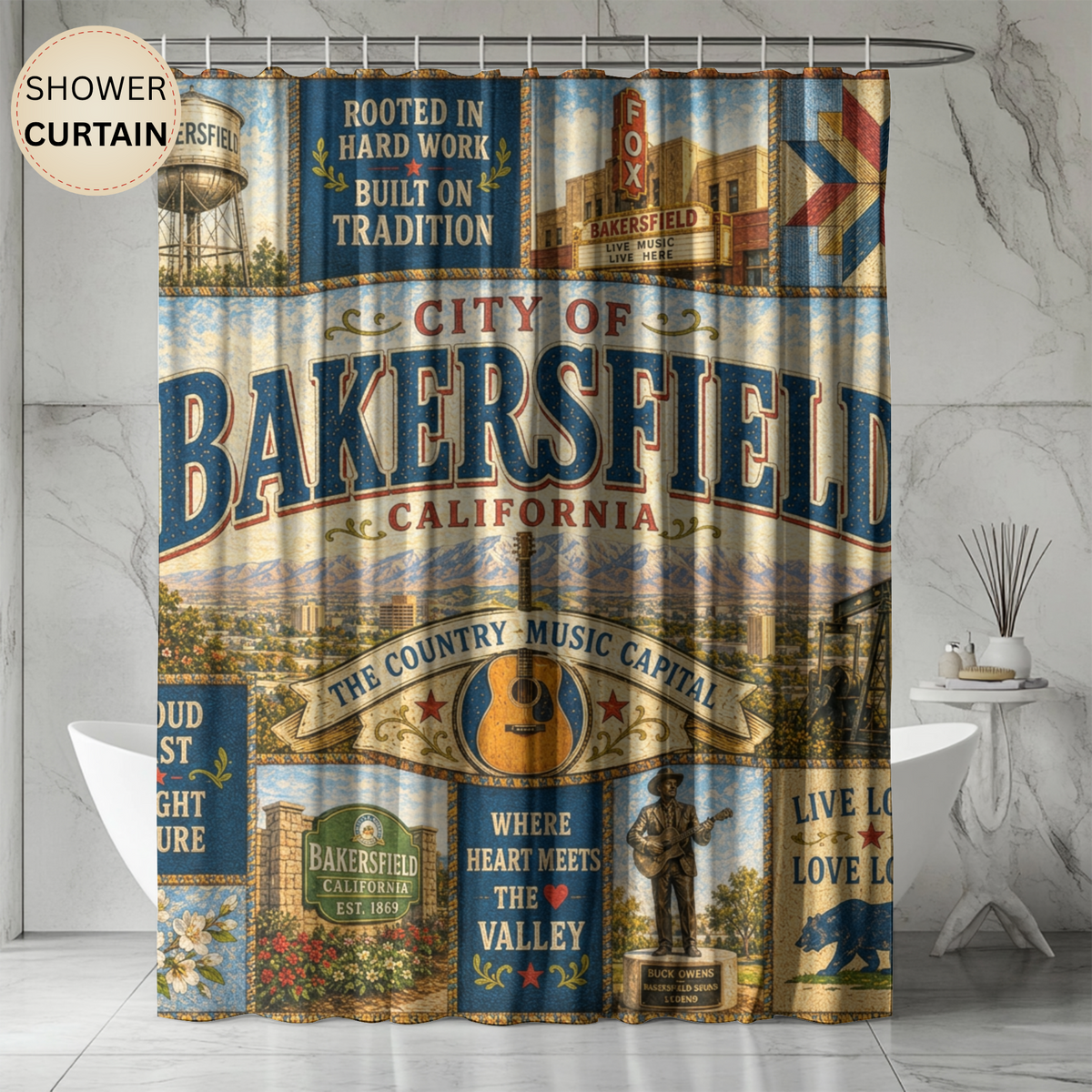 Bakersfield California Shower Curtain Country Music Capital Faux Patchwork Western City Landmark Bathroom Decor