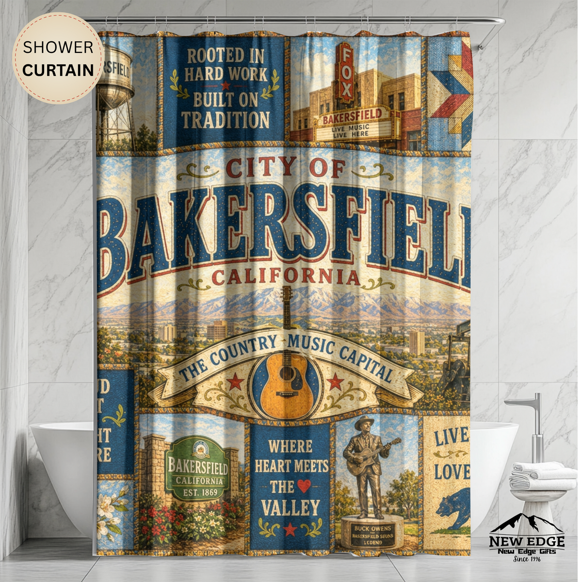 Bakersfield California Shower Curtain Country Music Capital Faux Patchwork Western City Landmark Bathroom Decor