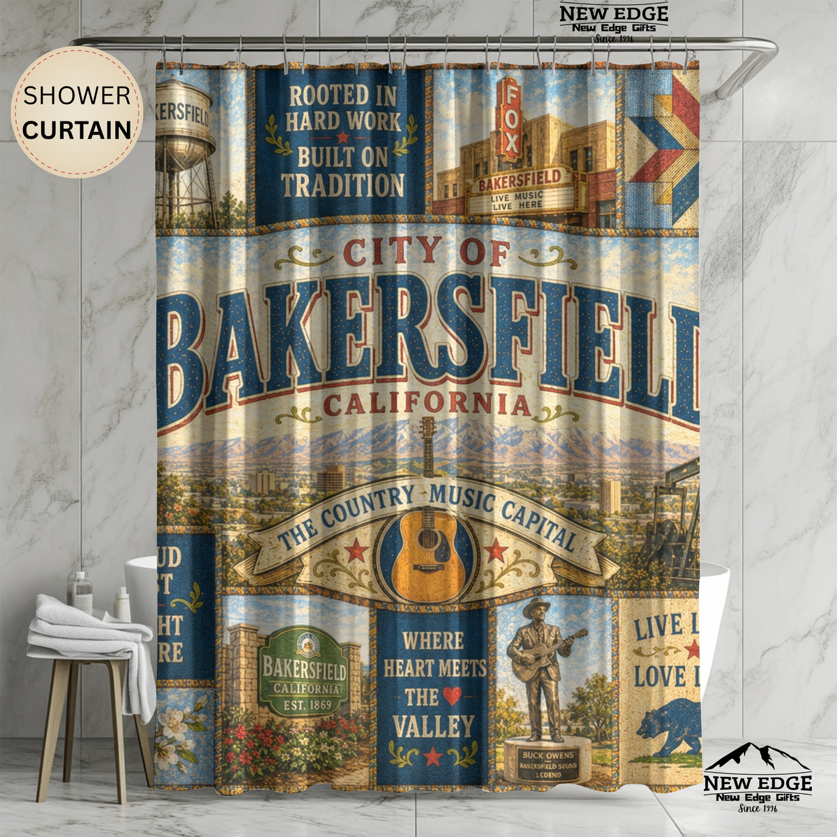 Bakersfield California Shower Curtain Country Music Capital Faux Patchwork Western City Landmark Bathroom Decor
