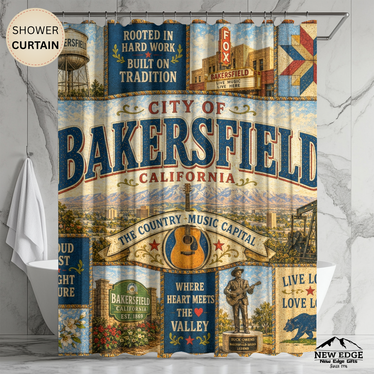 Bakersfield California Shower Curtain Country Music Capital Faux Patchwork Western City Landmark Bathroom Decor