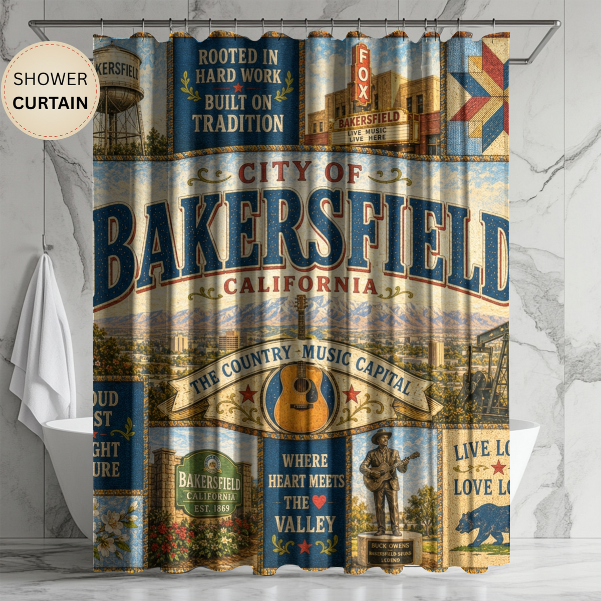 Bakersfield California Shower Curtain Country Music Capital Faux Patchwork Western City Landmark Bathroom Decor