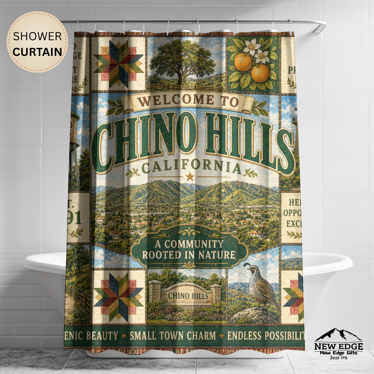 Chino Hills California Shower Curtain Faux Patchwork City Landmarks Southern California Rustic Bathroom Decor