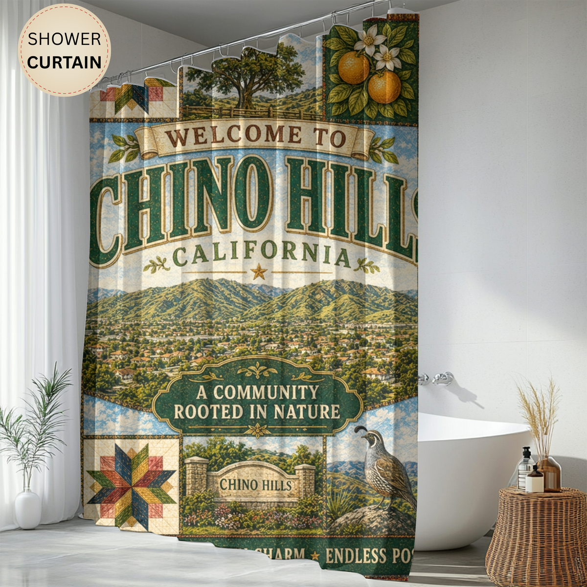 Chino Hills California Shower Curtain Faux Patchwork City Landmarks Southern California Rustic Bathroom Decor