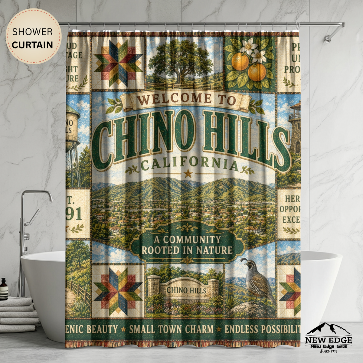 Chino Hills California Shower Curtain Faux Patchwork City Landmarks Southern California Rustic Bathroom Decor