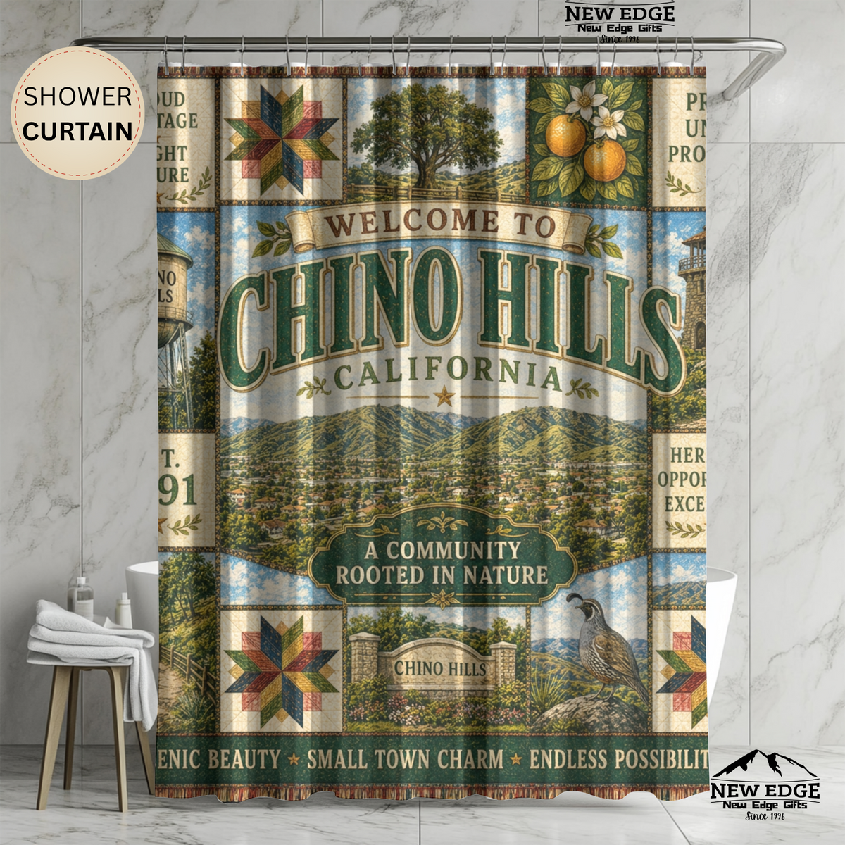 Chino Hills California Shower Curtain Faux Patchwork City Landmarks Southern California Rustic Bathroom Decor