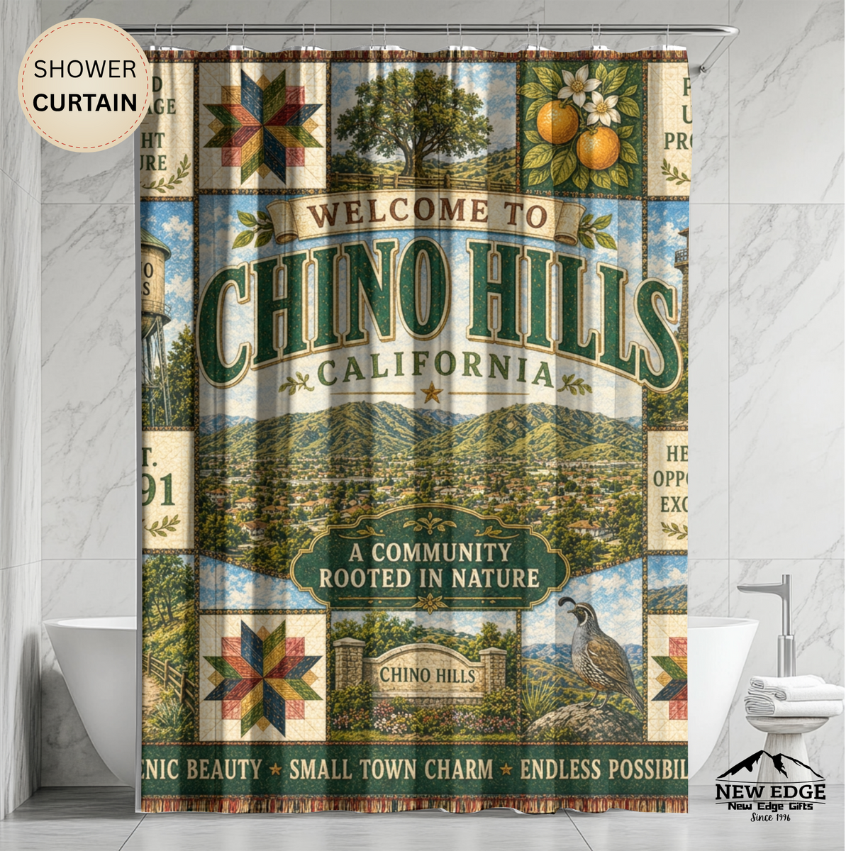 Chino Hills California Shower Curtain Faux Patchwork City Landmarks Southern California Rustic Bathroom Decor