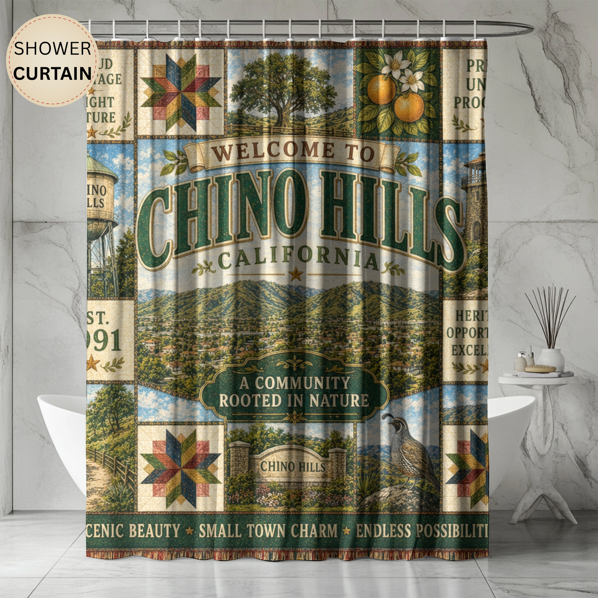 Chino Hills California Shower Curtain Faux Patchwork City Landmarks Southern California Rustic Bathroom Decor