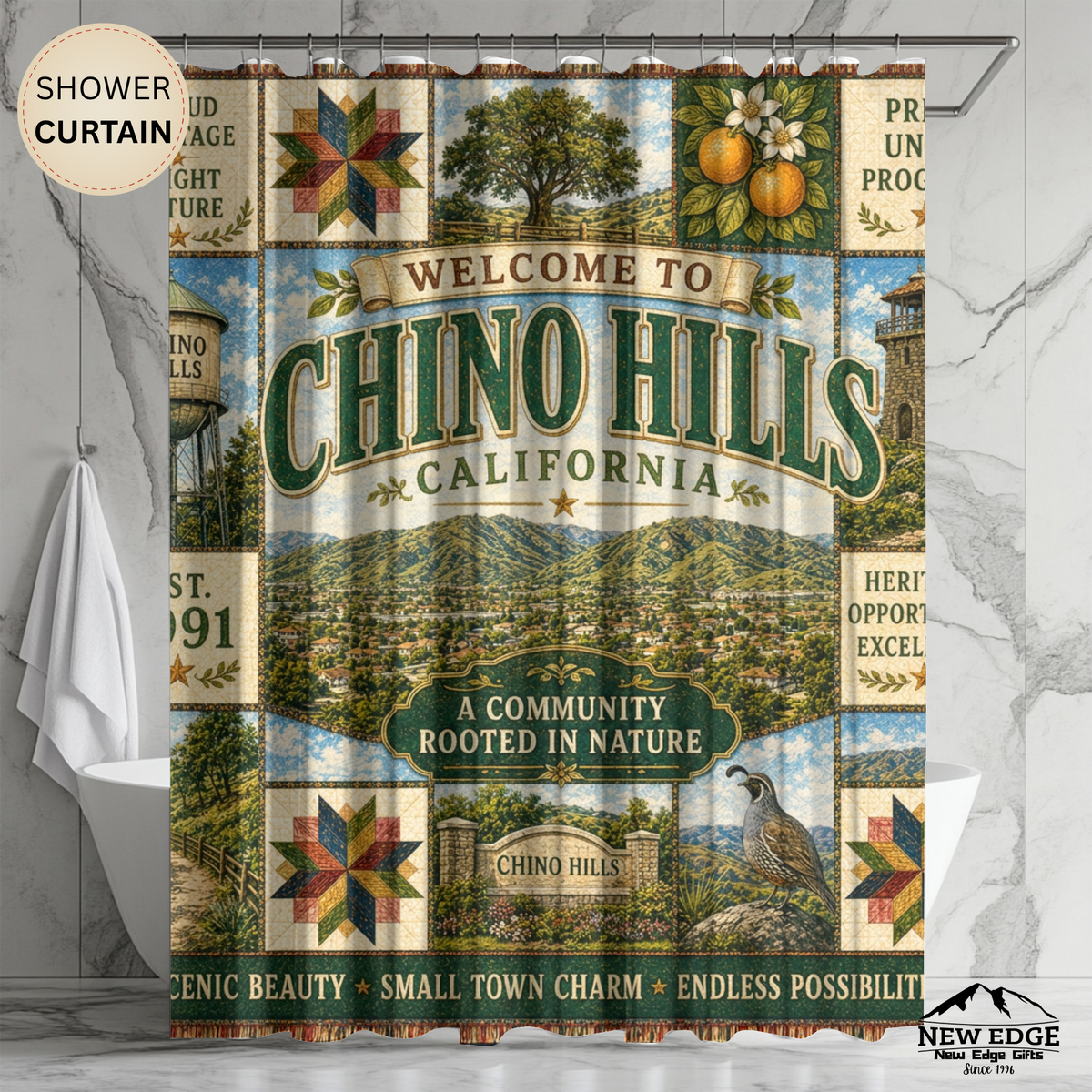 Chino Hills California Shower Curtain Faux Patchwork City Landmarks Southern California Rustic Bathroom Decor
