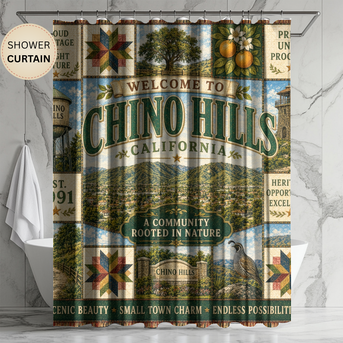 Chino Hills California Shower Curtain Faux Patchwork City Landmarks Southern California Rustic Bathroom Decor