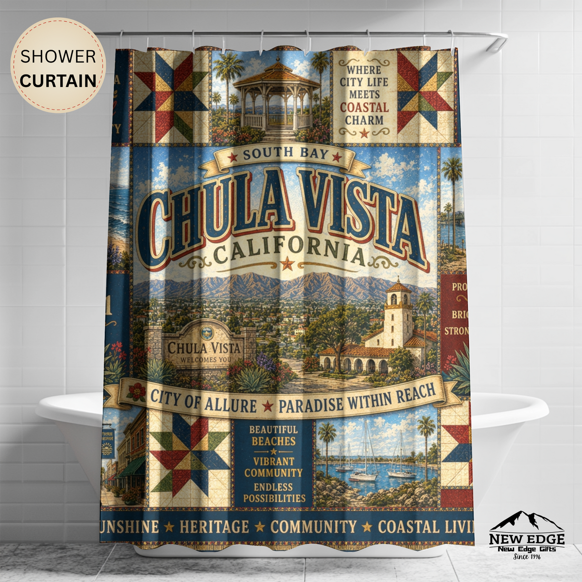 Chula Vista California Shower Curtain Coastal Charm Faux Patchwork South Bay City Landmark Bathroom Decor