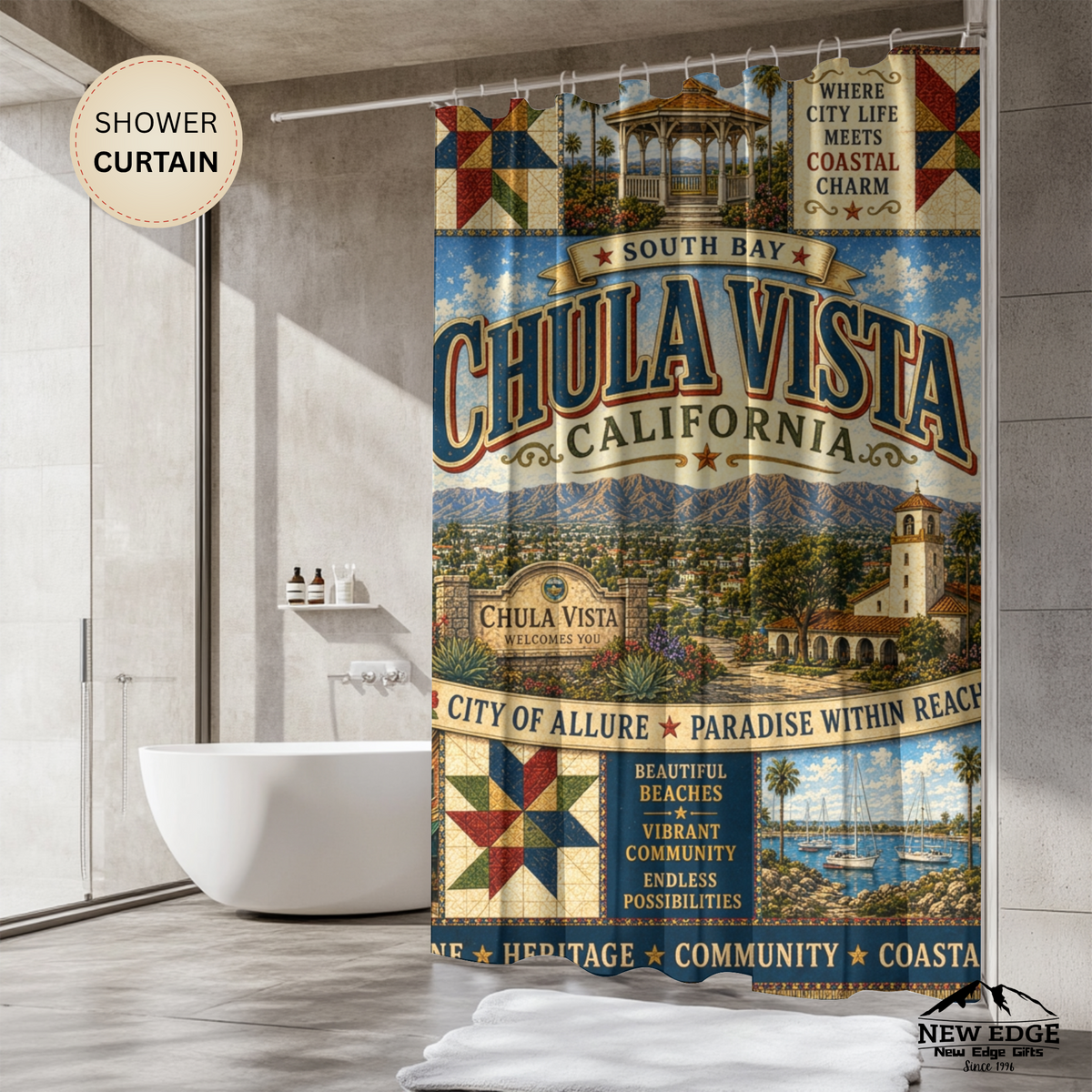 Chula Vista California Shower Curtain Coastal Charm Faux Patchwork South Bay City Landmark Bathroom Decor