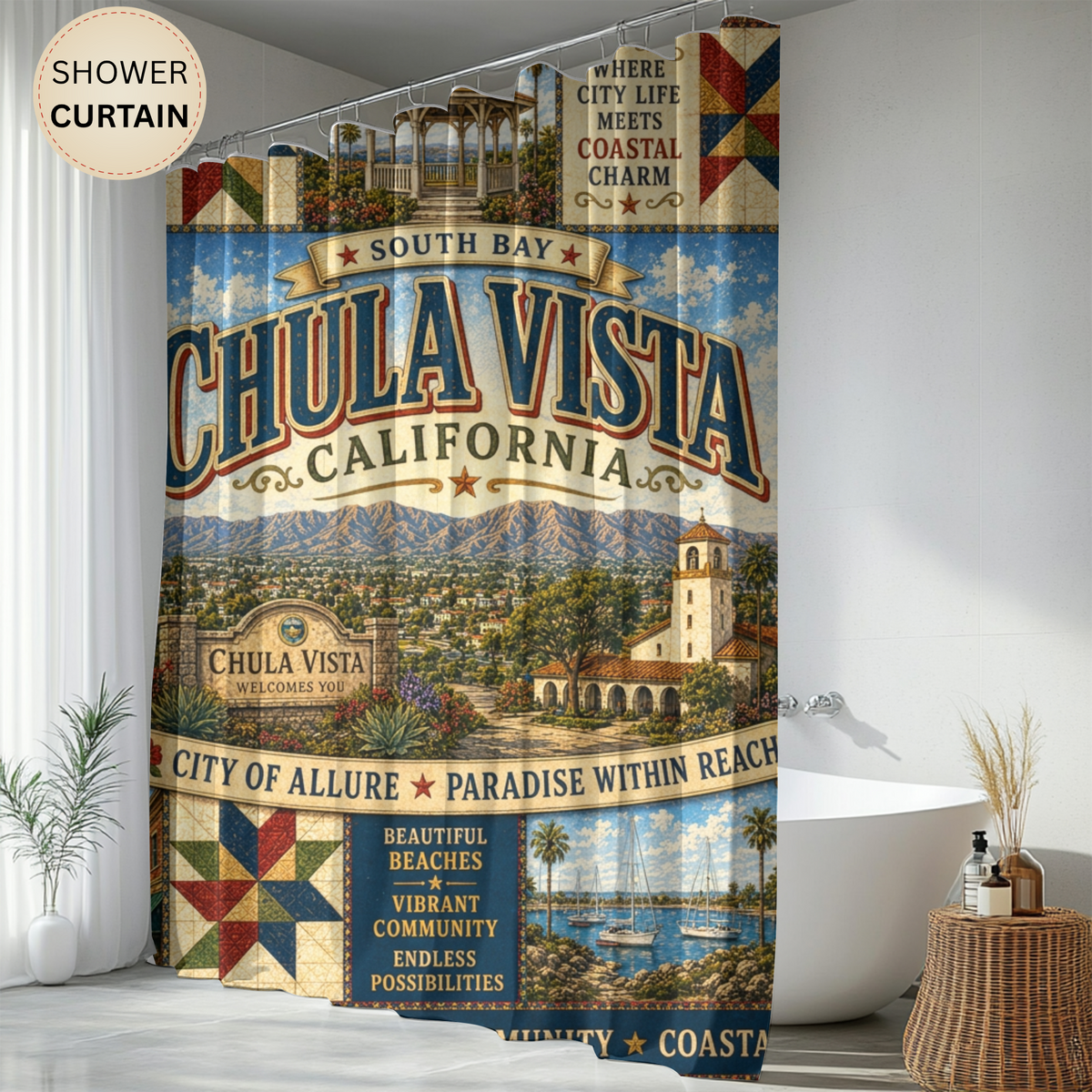 Chula Vista California Shower Curtain Coastal Charm Faux Patchwork South Bay City Landmark Bathroom Decor