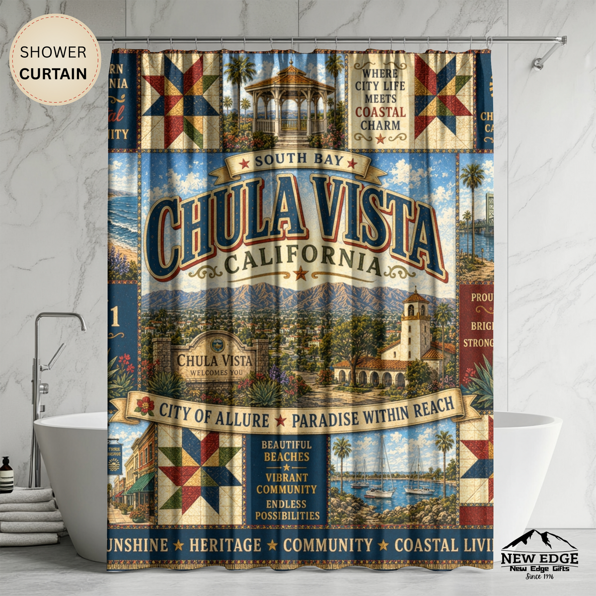 Chula Vista California Shower Curtain Coastal Charm Faux Patchwork South Bay City Landmark Bathroom Decor