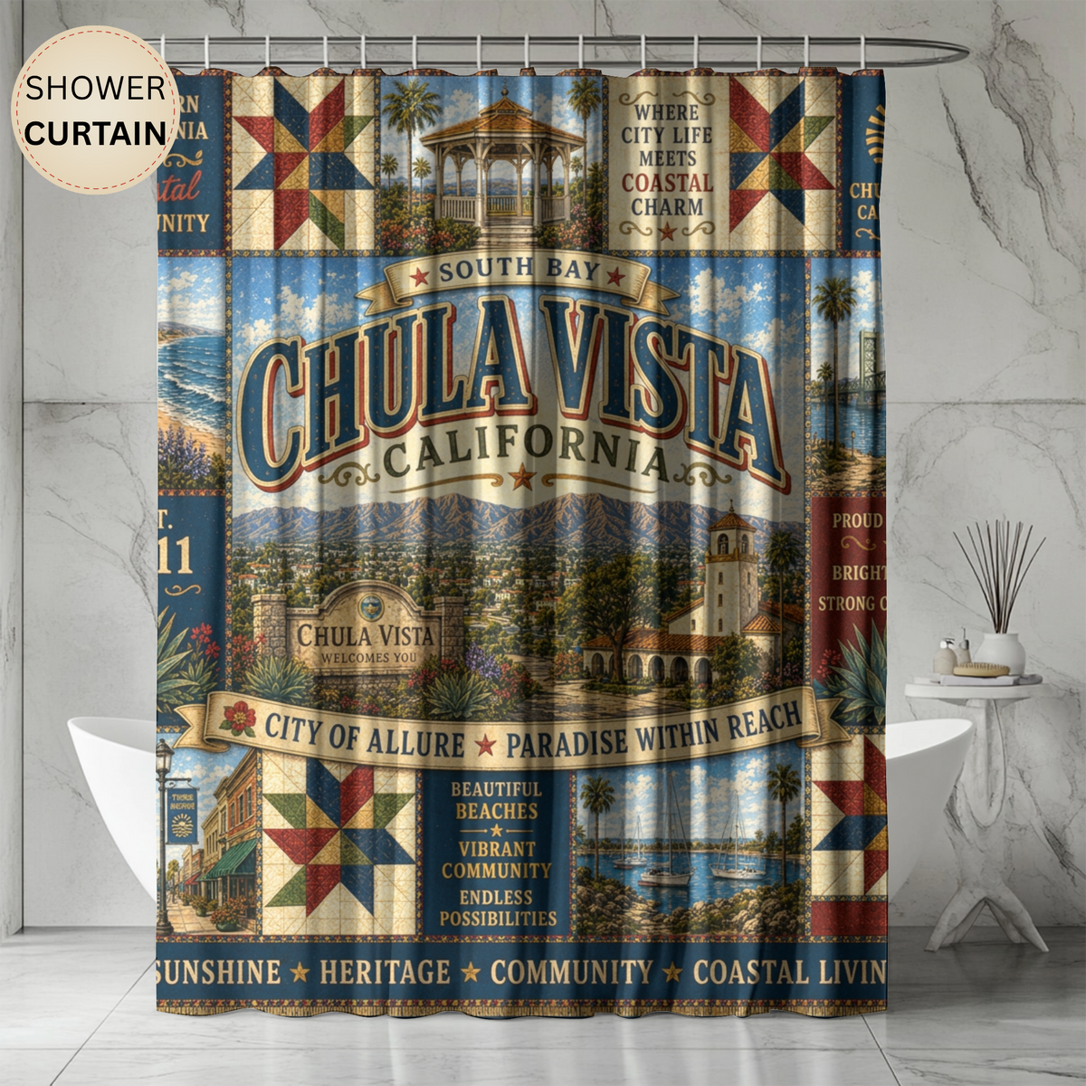 Chula Vista California Shower Curtain Coastal Charm Faux Patchwork South Bay City Landmark Bathroom Decor