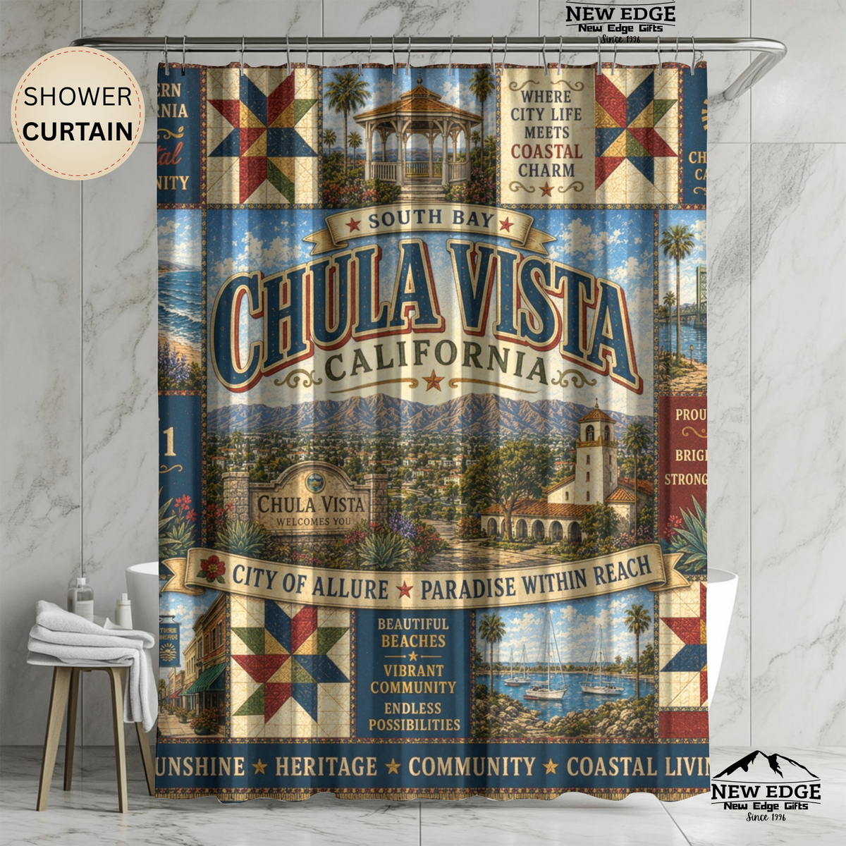 Chula Vista California Shower Curtain Coastal Charm Faux Patchwork South Bay City Landmark Bathroom Decor