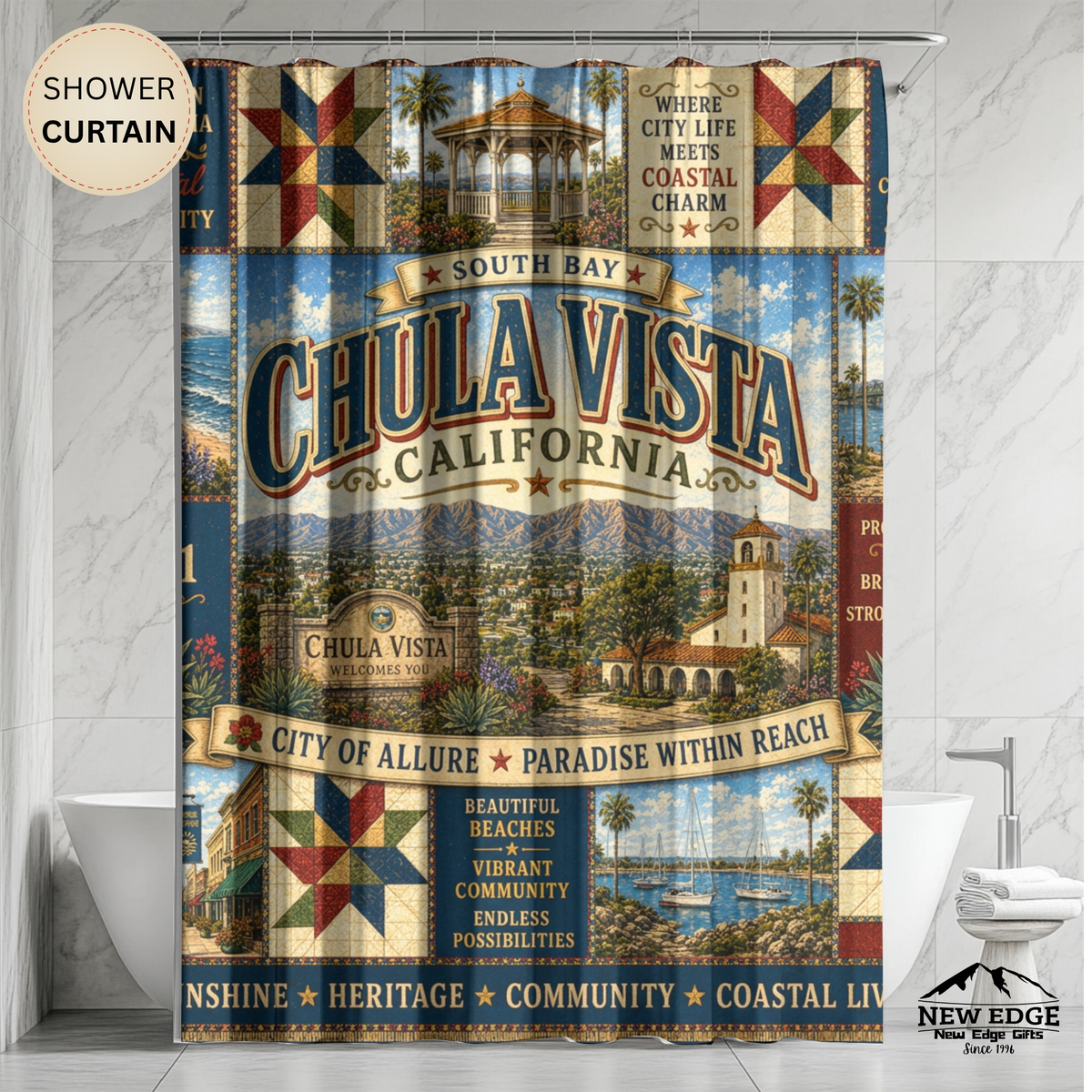 Chula Vista California Shower Curtain Coastal Charm Faux Patchwork South Bay City Landmark Bathroom Decor