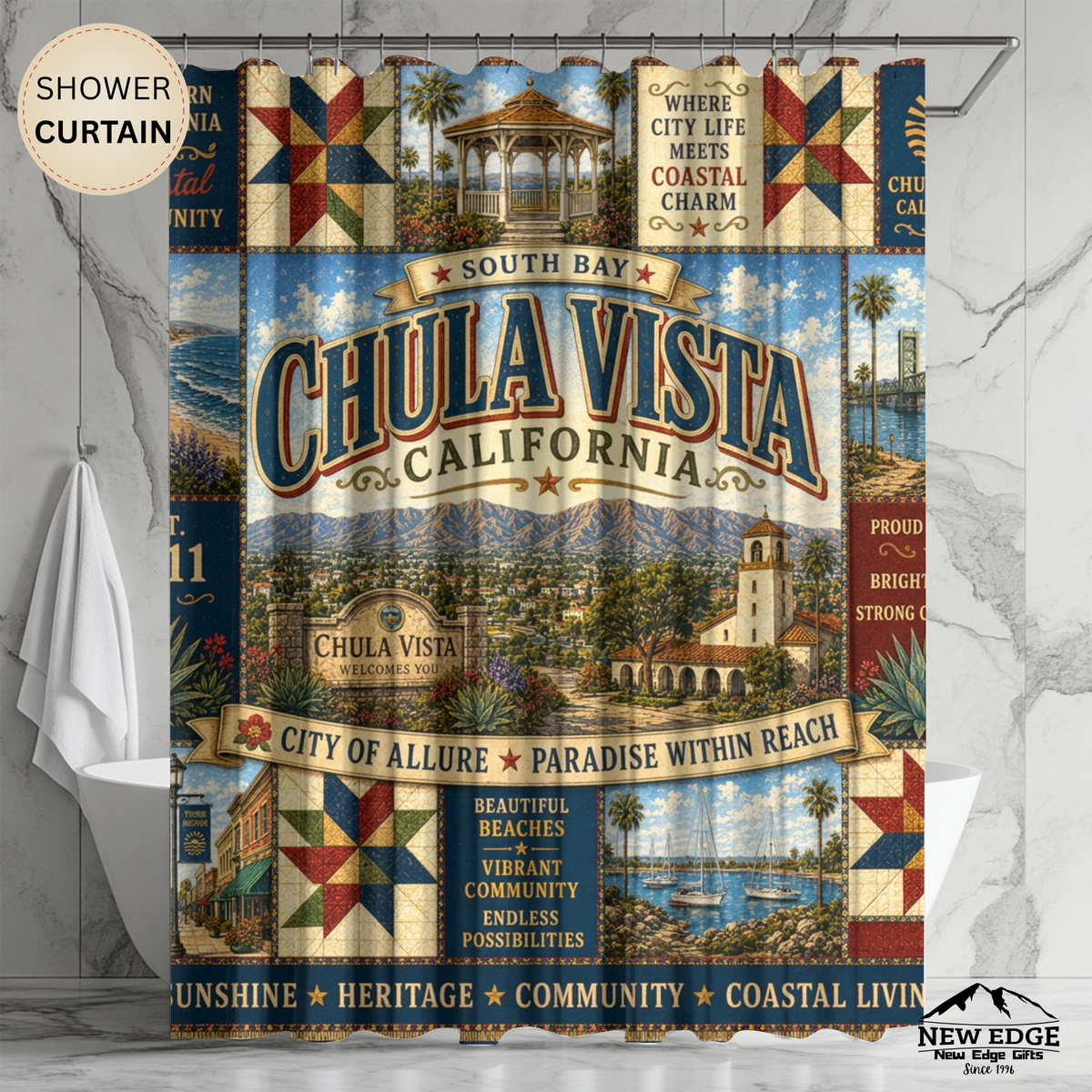 Chula Vista California Shower Curtain Coastal Charm Faux Patchwork South Bay City Landmark Bathroom Decor