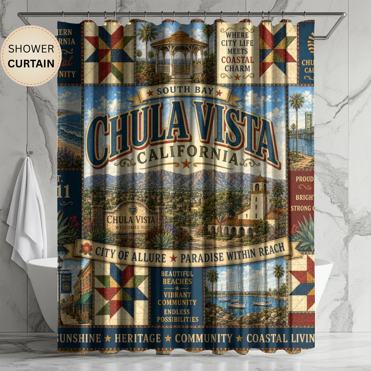 Chula Vista California Shower Curtain Coastal Charm Faux Patchwork South Bay City Landmark Bathroom Decor
