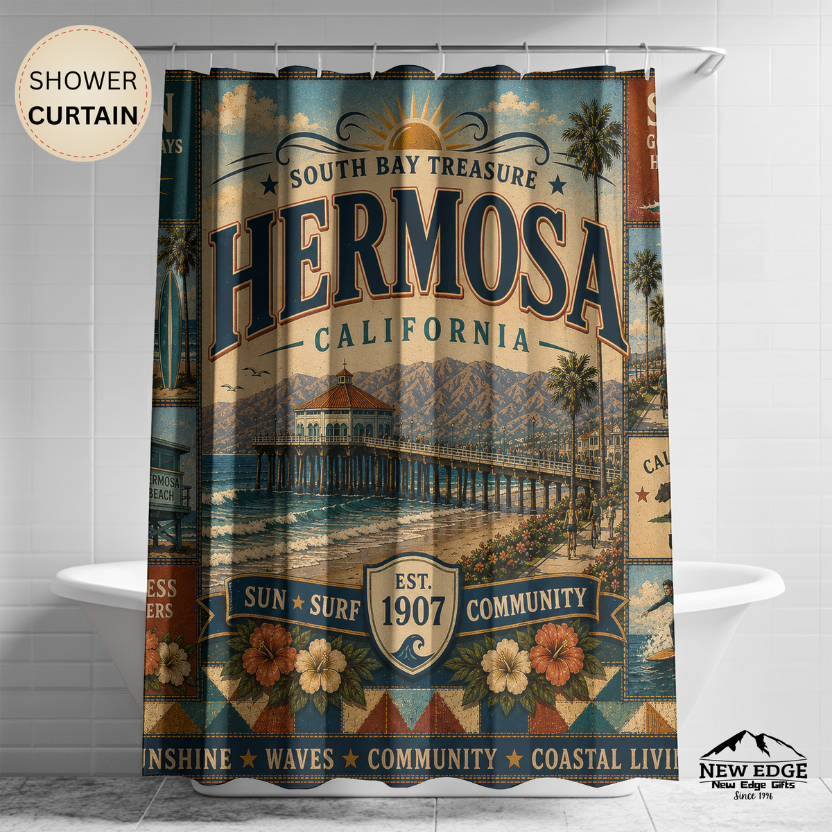 Hermosa Beach California Shower Curtain South Bay Faux Patchwork Sun Surf Coastal Bathroom Decor