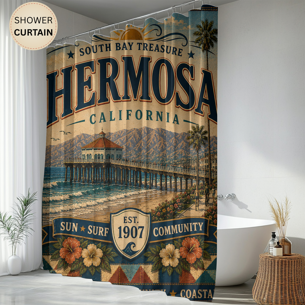 Hermosa Beach California Shower Curtain South Bay Faux Patchwork Sun Surf Coastal Bathroom Decor