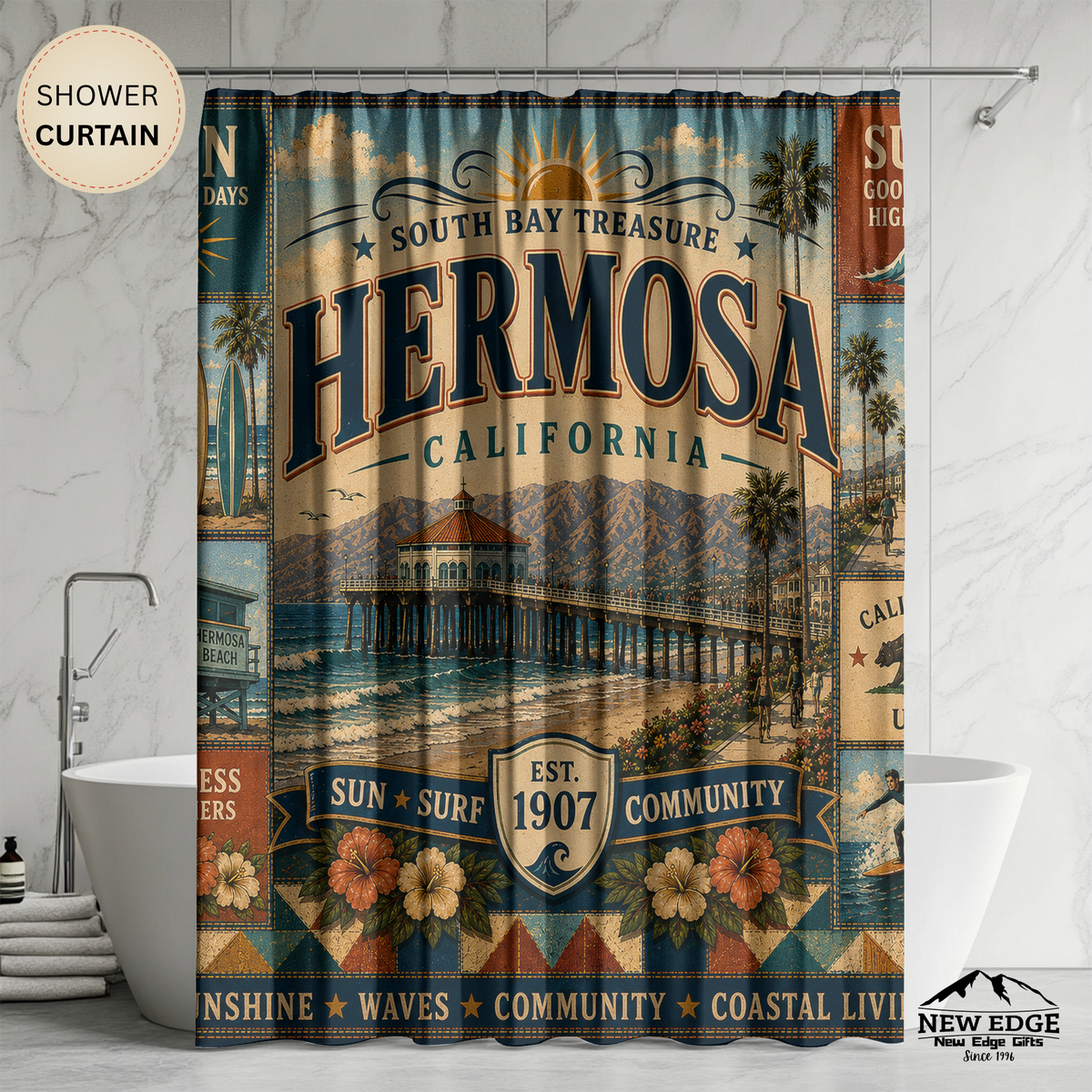 Hermosa Beach California Shower Curtain South Bay Faux Patchwork Sun Surf Coastal Bathroom Decor