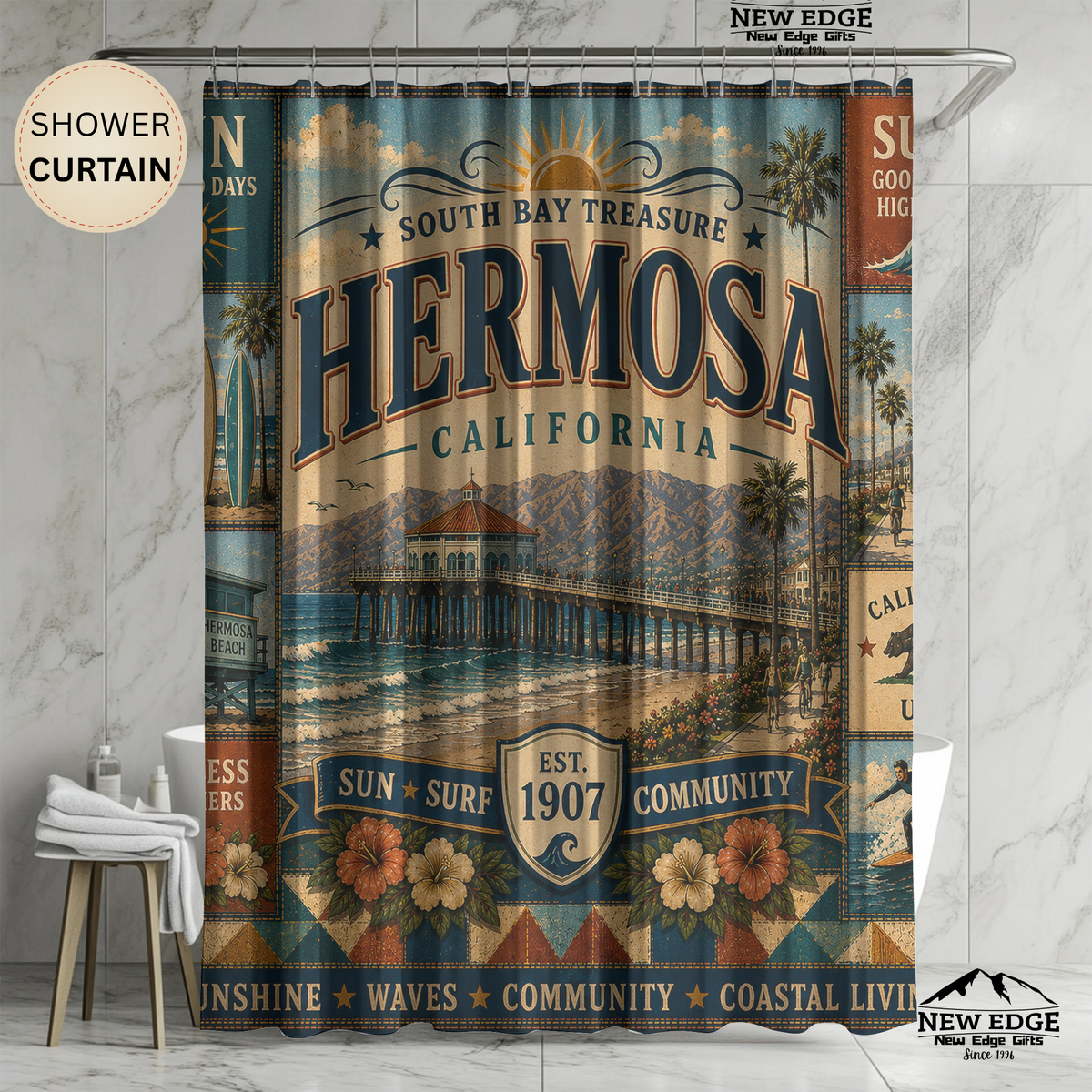 Hermosa Beach California Shower Curtain South Bay Faux Patchwork Sun Surf Coastal Bathroom Decor
