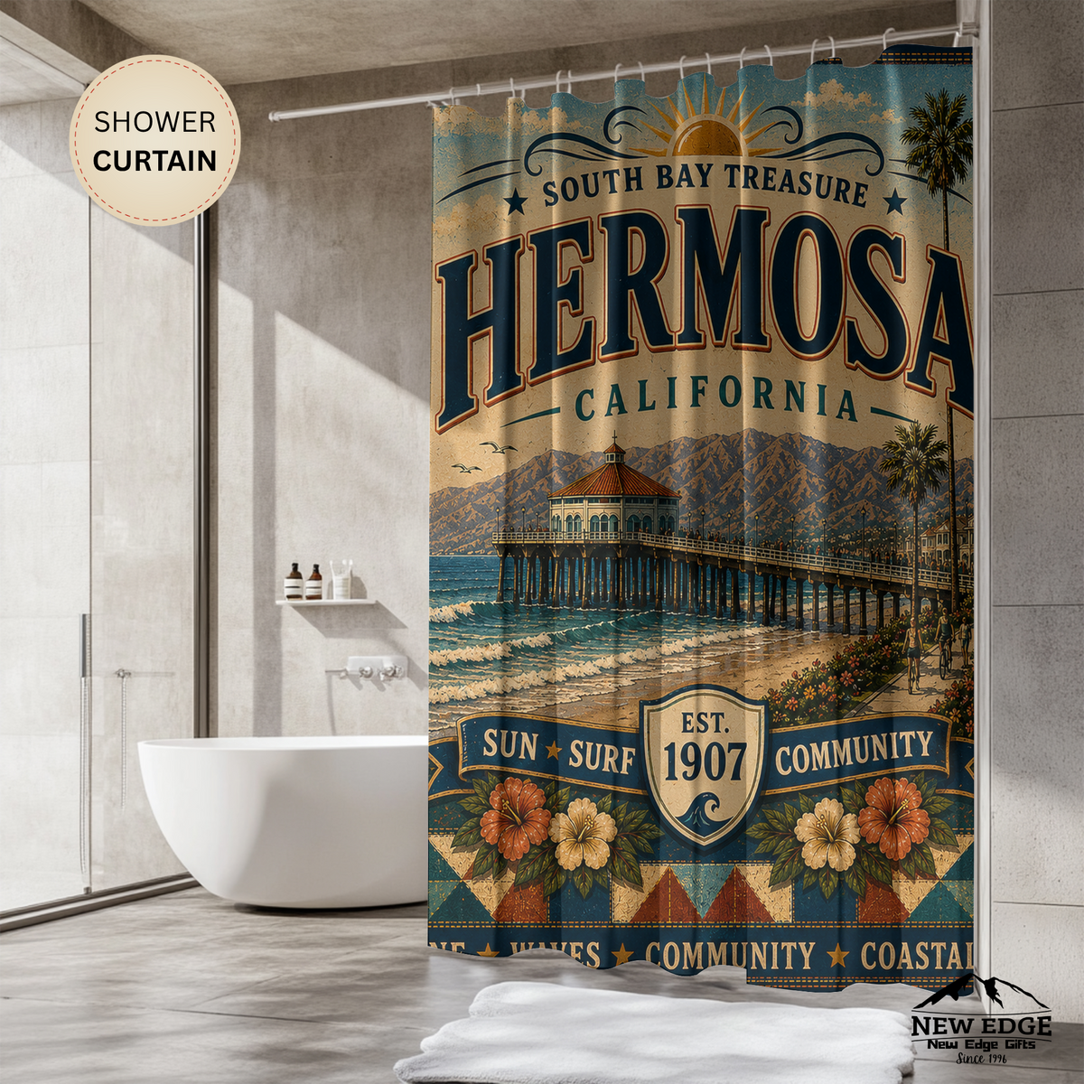 Hermosa Beach California Shower Curtain South Bay Faux Patchwork Sun Surf Coastal Bathroom Decor