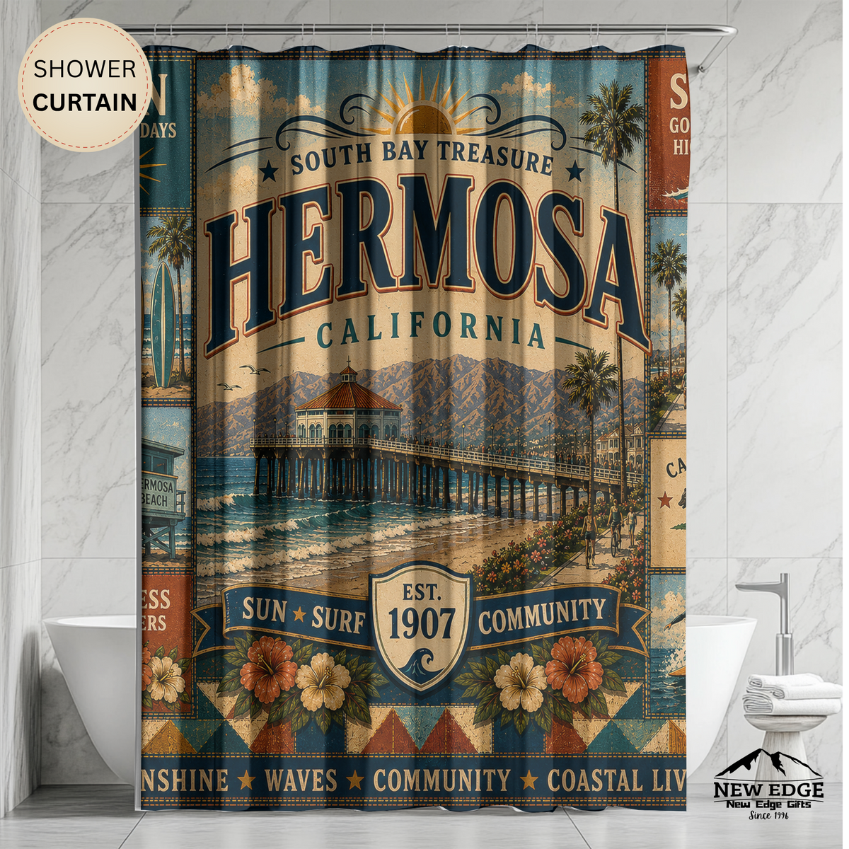 Hermosa Beach California Shower Curtain South Bay Faux Patchwork Sun Surf Coastal Bathroom Decor