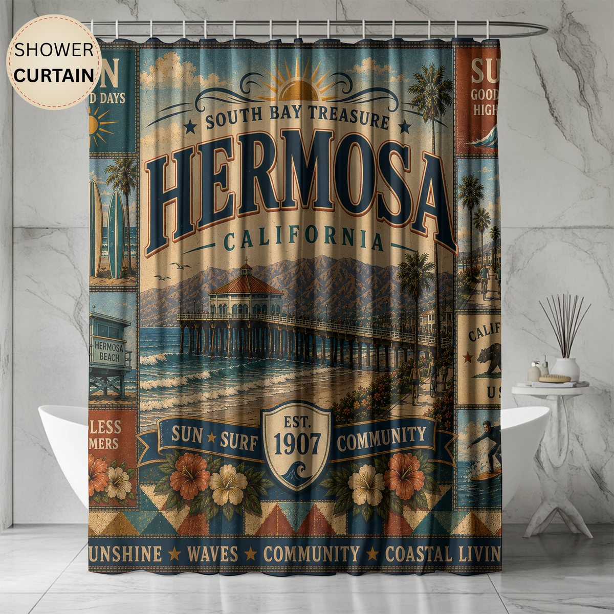 Hermosa Beach California Shower Curtain South Bay Faux Patchwork Sun Surf Coastal Bathroom Decor