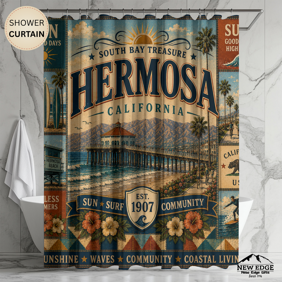 Hermosa Beach California Shower Curtain South Bay Faux Patchwork Sun Surf Coastal Bathroom Decor