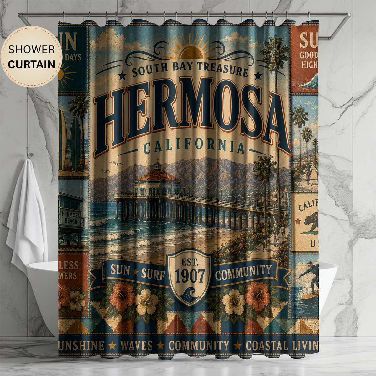 Hermosa Beach California Shower Curtain South Bay Faux Patchwork Sun Surf Coastal Bathroom Decor