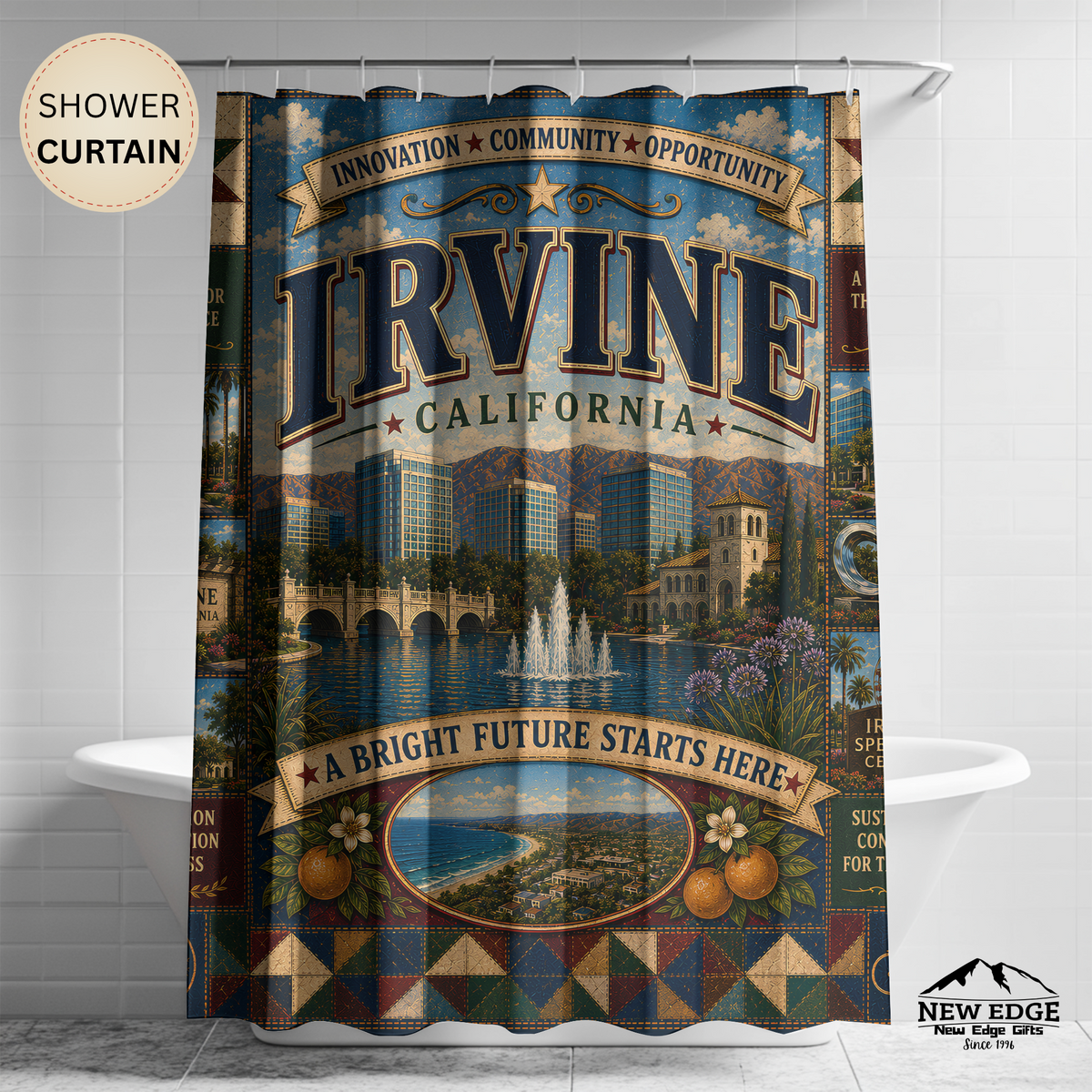 Irvine California Shower Curtain Bright Future Faux Patchwork Innovation City Landmark Bathroom Deco