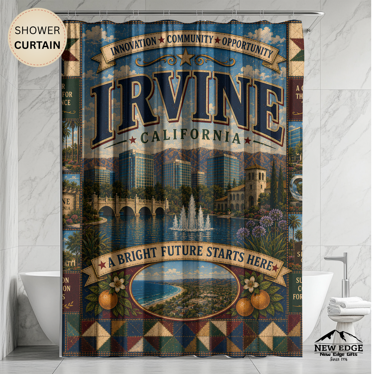 Irvine California Shower Curtain Bright Future Faux Patchwork Innovation City Landmark Bathroom Deco