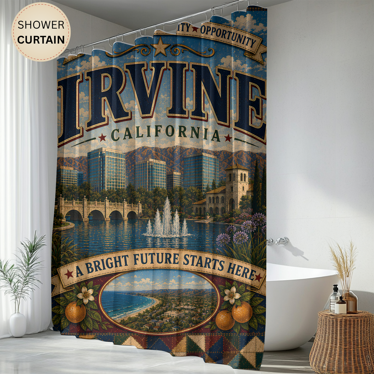 Irvine California Shower Curtain Bright Future Faux Patchwork Innovation City Landmark Bathroom Deco
