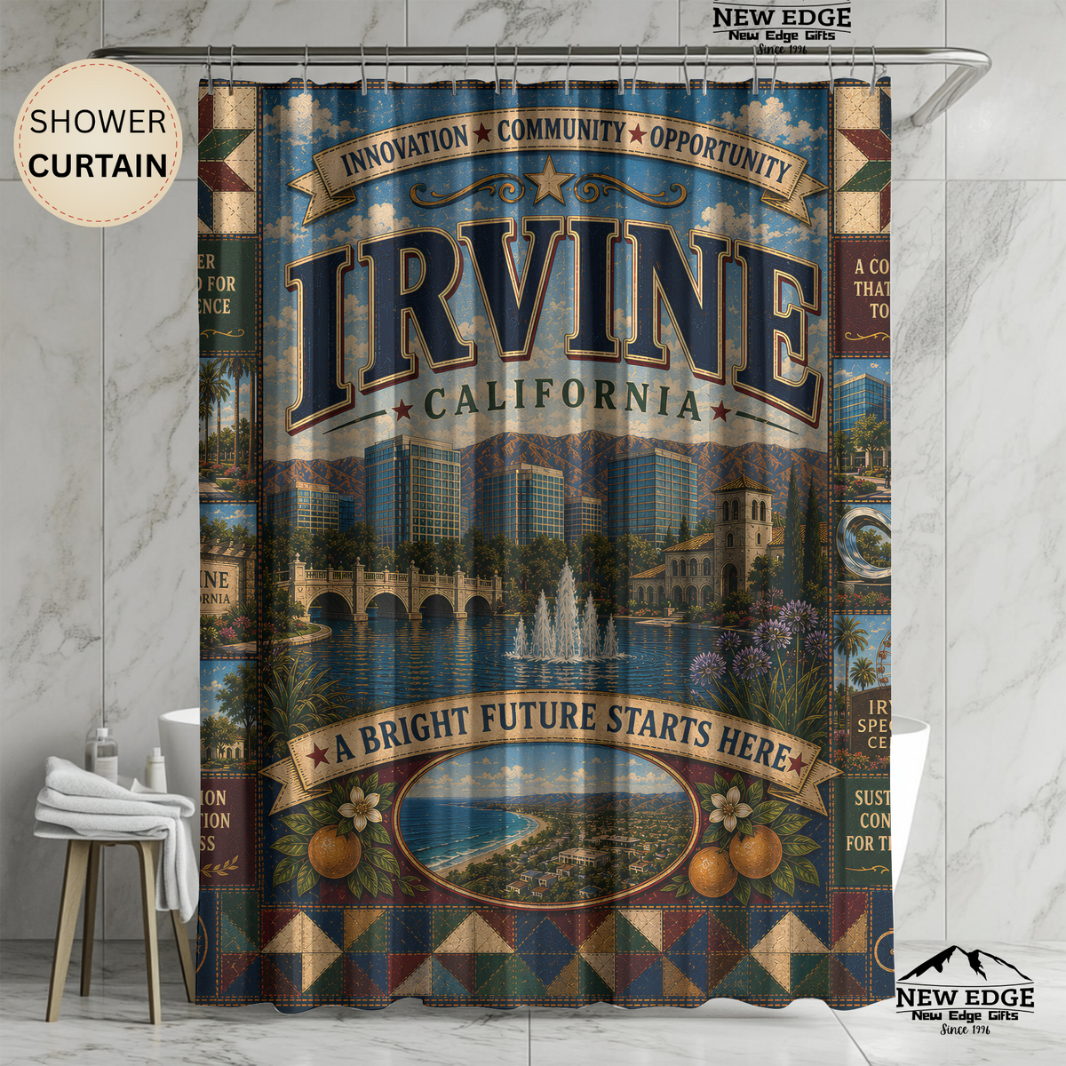 Irvine California Shower Curtain Bright Future Faux Patchwork Innovation City Landmark Bathroom Deco