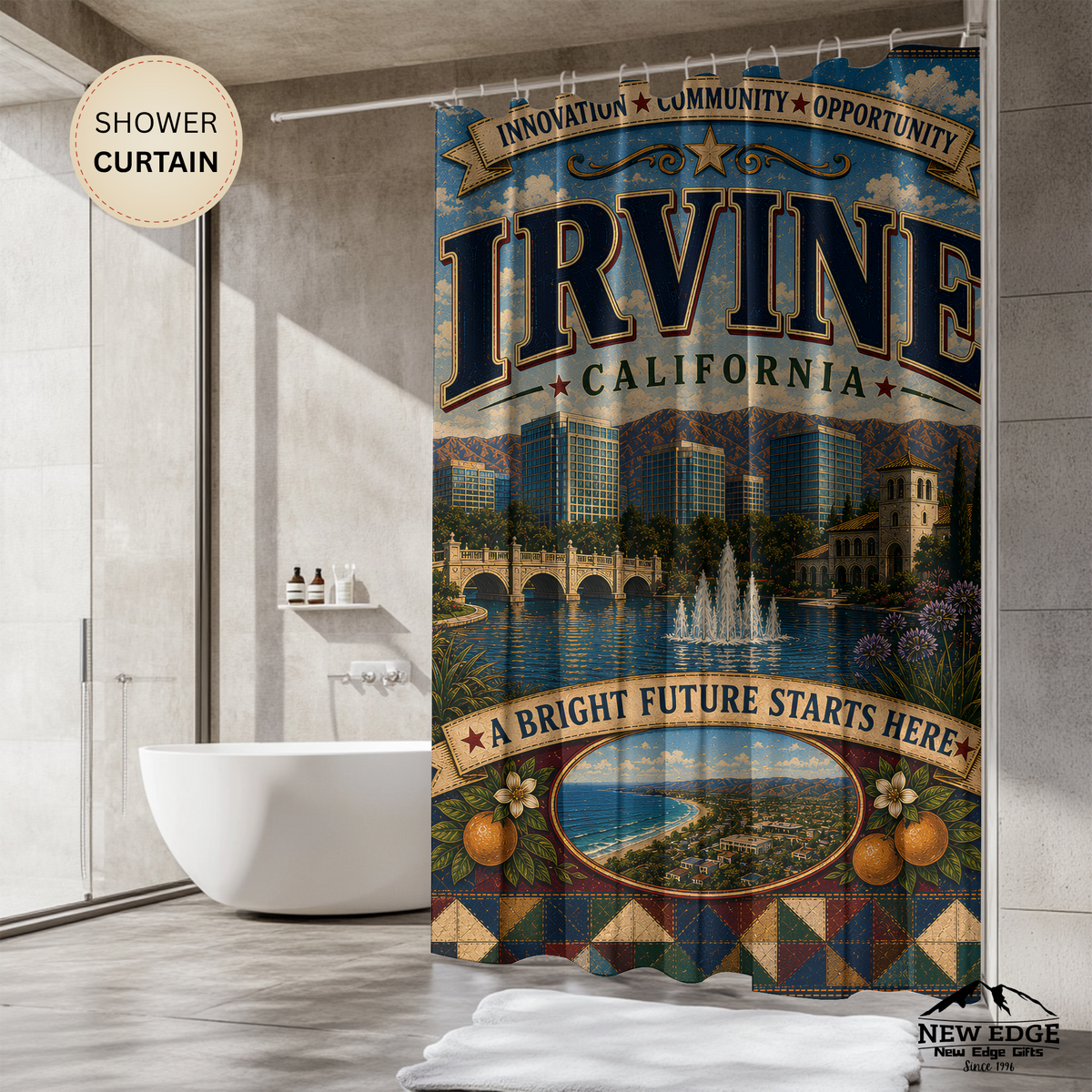 Irvine California Shower Curtain Bright Future Faux Patchwork Innovation City Landmark Bathroom Deco