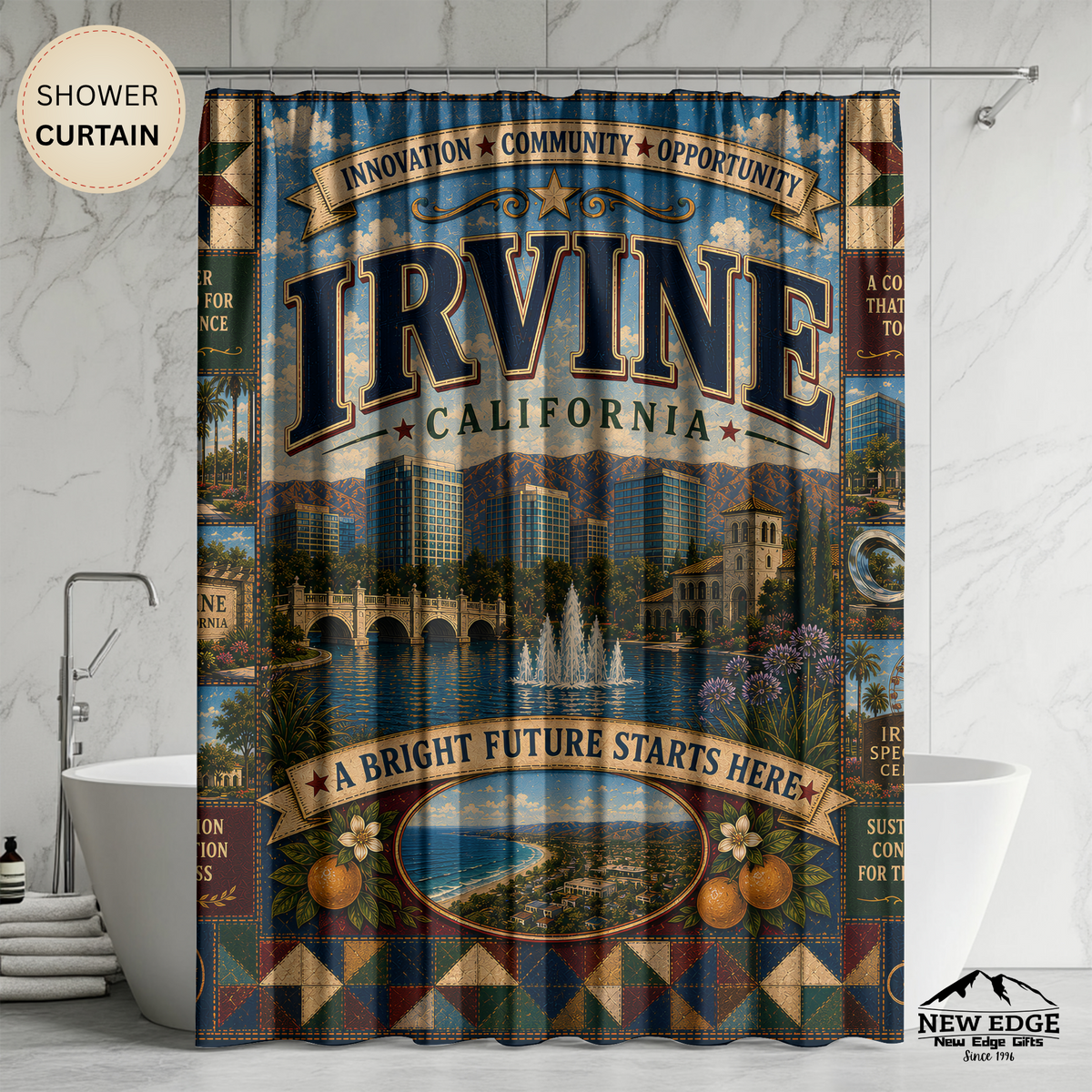 Irvine California Shower Curtain Bright Future Faux Patchwork Innovation City Landmark Bathroom Deco