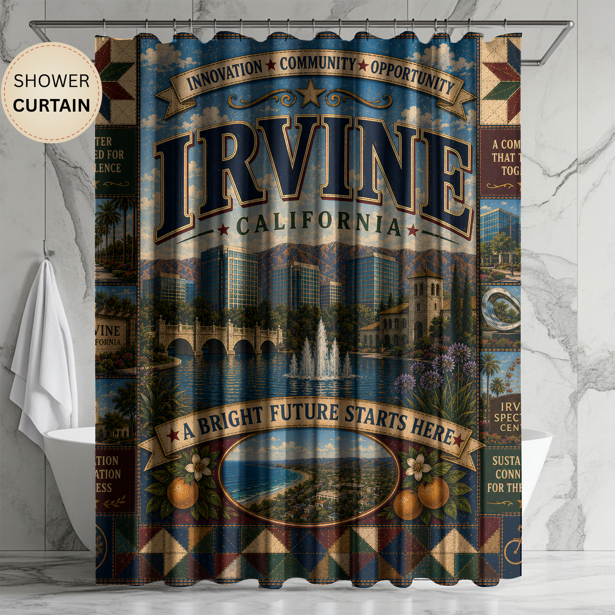 Irvine California Shower Curtain Bright Future Faux Patchwork Innovation City Landmark Bathroom Deco